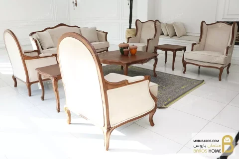 ست مبلمان کلاسیک و چوبی مدل راشل پلاس و مبل تک نفره کویین و روما خرید مبل باروس 1