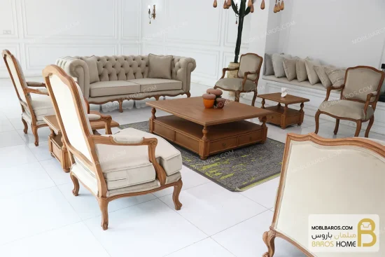 ست مبلمان ۱۰ نفره ترکیبی نئوکلاسیک گندم و جورجیا چستر خرید مبل باروس 1