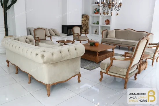 ست مبلمان ۱۰ نفره ترکیبی نئوکلاسیک گندم و جورجیا چستر خرید مبل باروس 2