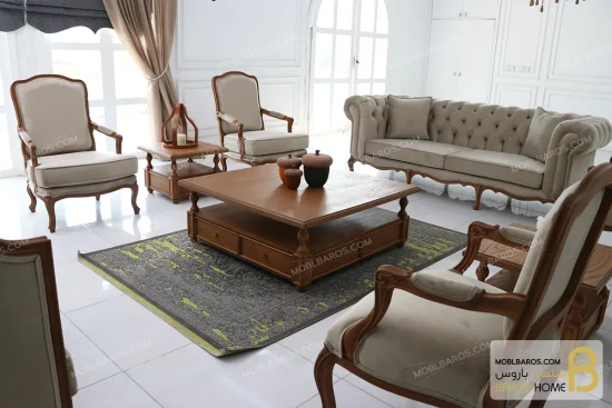 ست مبلمان ۱۰ نفره ترکیبی نئوکلاسیک گندم و جورجیا چستر خرید مبل باروس 5