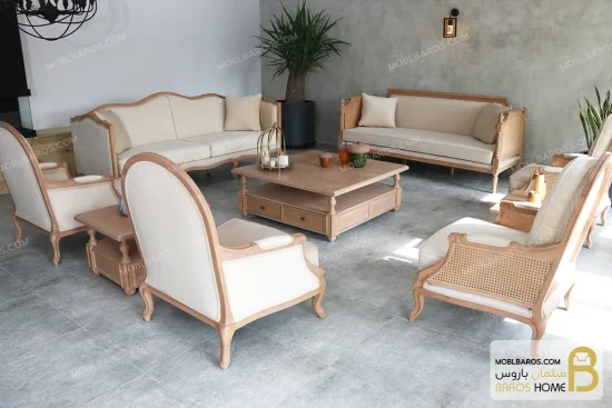 ست مبلمان ۱۰ نفره نئوکلاسیک ترکیبی گندم و کاجی و روما خرید مبل باروس 1
