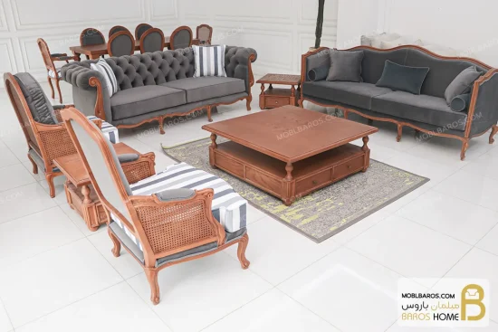 مبل ۸ نفره کلاسیک گندم و مبل چستر نیکا و روما و فرانسوی خرید مبل باروس 1 (3)