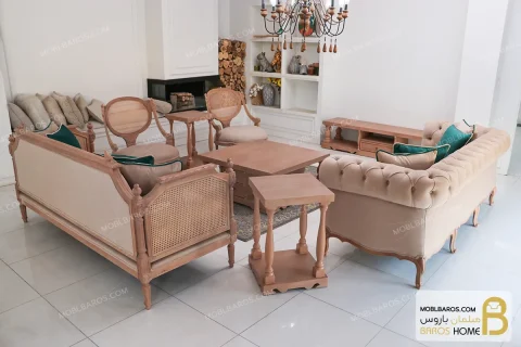 مبل کلاسیک ۸ نفره کاجی و مبل راحتی جورجیا چستر خرید مبل باروس 87 (2)