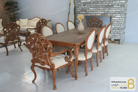 میز ناهارخوری کلاسیک منبتی رومینا با صندلی کینگ و راشل خرید ناهارخوری باروس 65 (2)