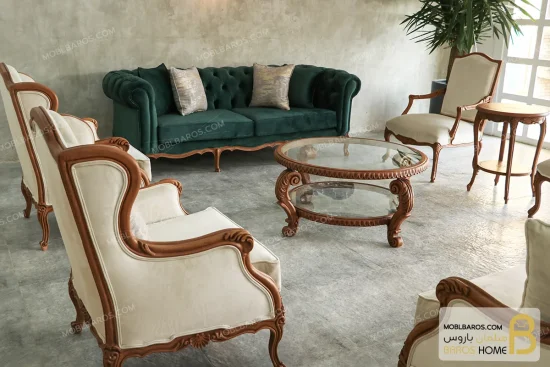 مبل کلاسیک جدید ۲۰۲۳ رومینا و چستر پارچه سبز خرید مبل باروس 10 11 (1)