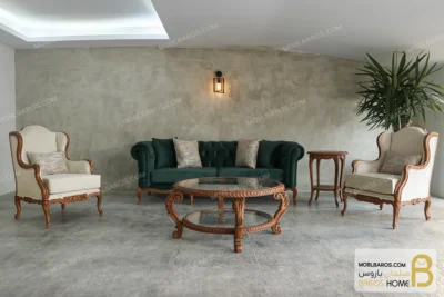 مبل کلاسیک جدید ۲۰۲۳ رومینا و چستر پارچه سبز خرید مبل باروس 10 11 (3)