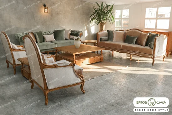 مبل ۸ نفره کلاسیک گندم چستر نیکا و روما خرید مبل باروس 4949 (2)
