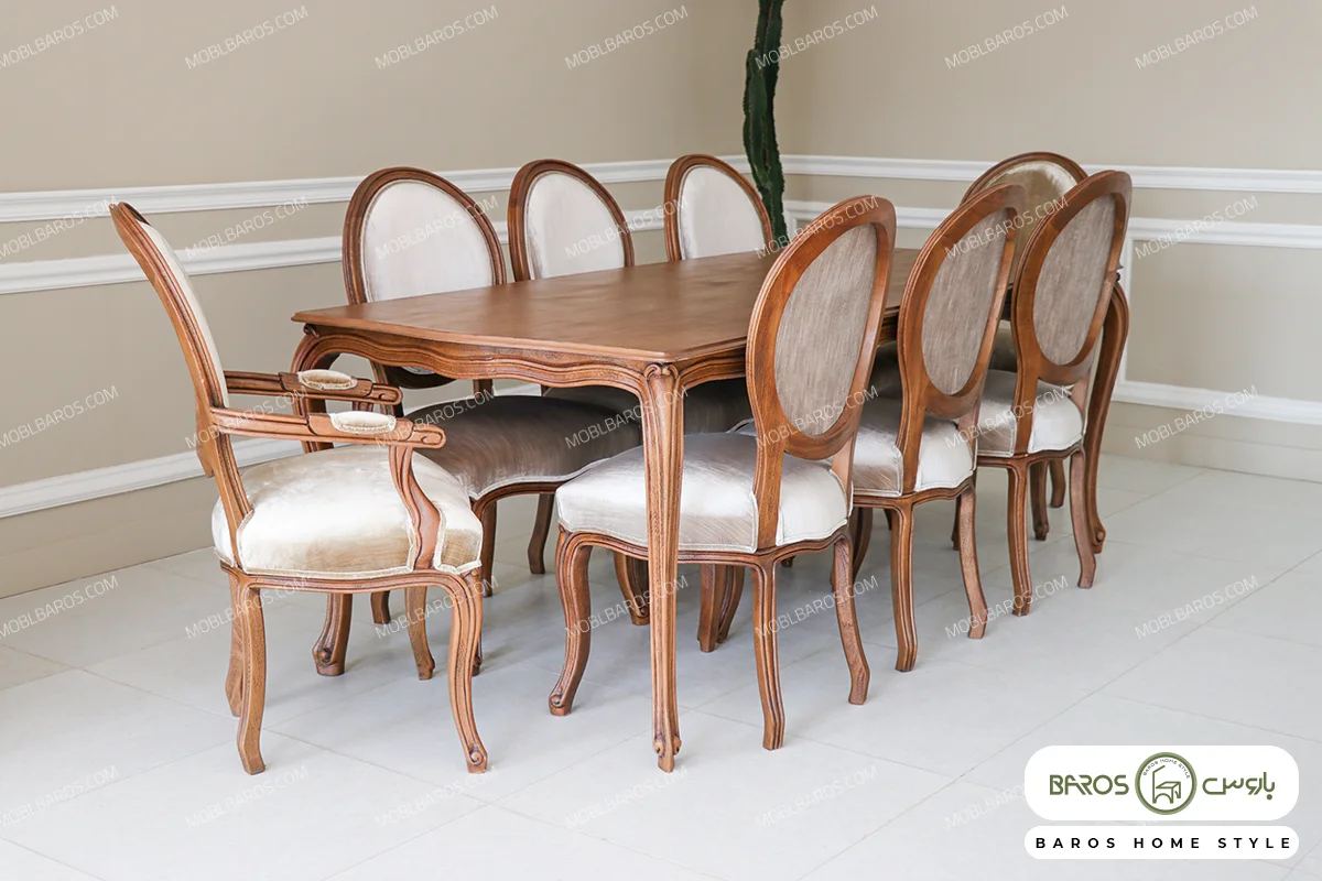 میز ناهار خوری چوبی ابزاری با صندلی راشل پایه سم آهویی کد ۴ (2)