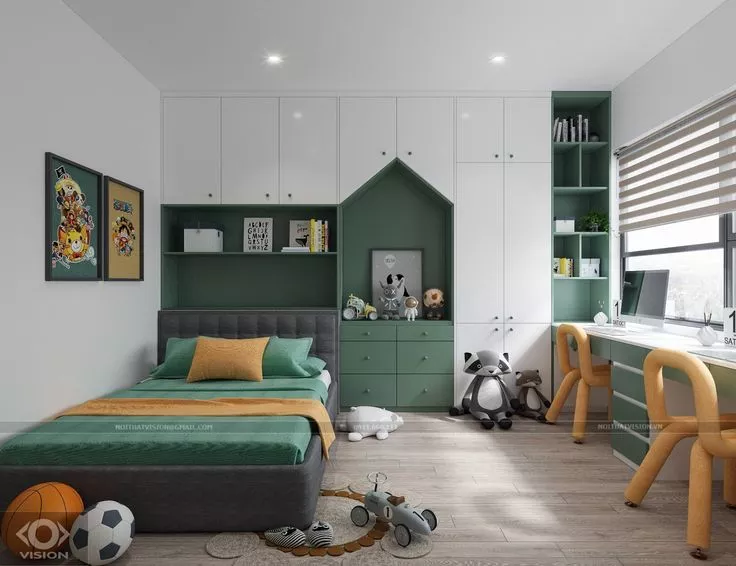 دیزاین سرویس خواب کودک با تم سبز و سفید وبلاگ مبل باروس