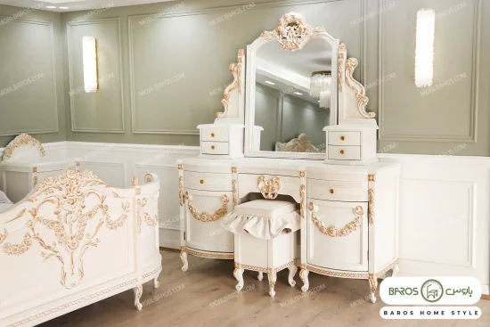 سرویس خواب دو نفره چوبی عروس ژینوس رنگ سفید باروس (1)