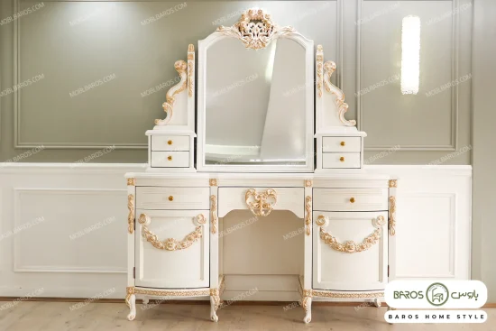 سرویس خواب دو نفره چوبی عروس ژینوس رنگ سفید باروس (7)