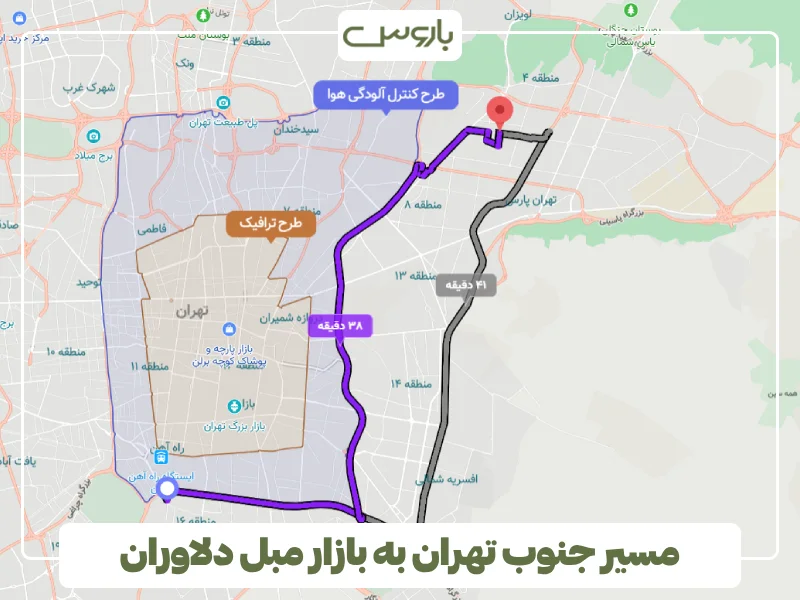 مسیر جنوب تهران به بازار مبل دلاوران