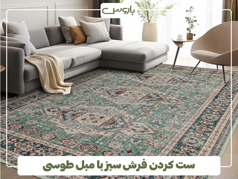 ست کردن فرش سبز با مبل طوسی 2