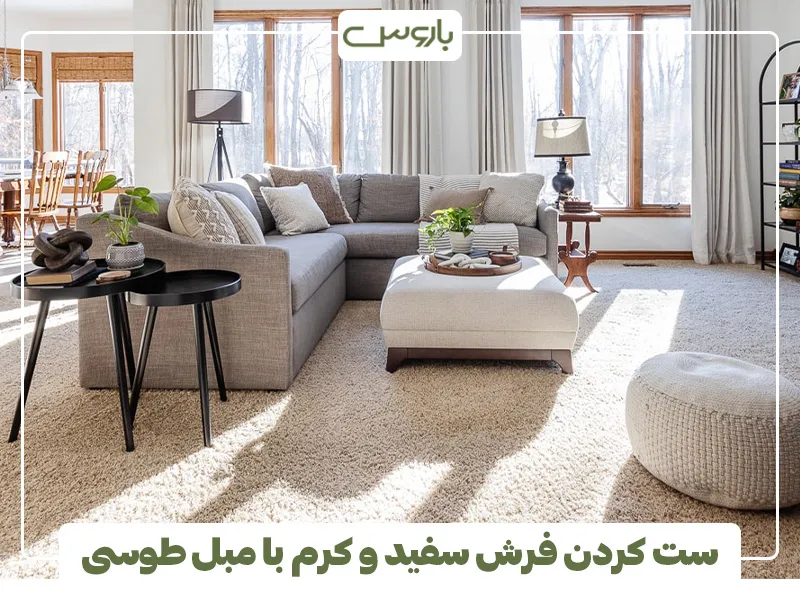 ست کردن فرش سفید و کرم با مبل طوسی 2