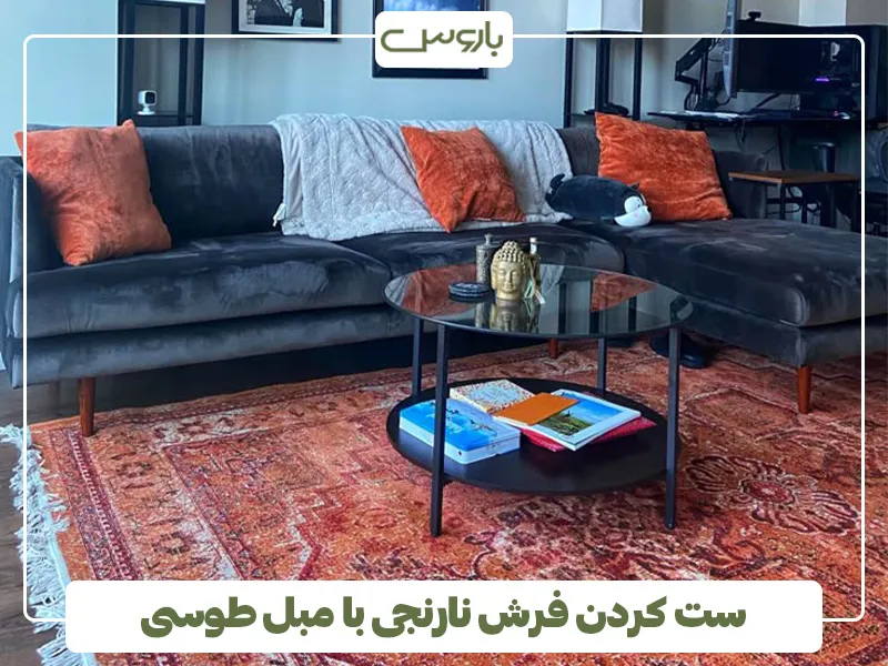 ست کردن فرش نارنجی با مبل طوسی (1)