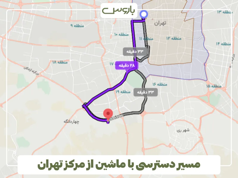 مسیر دسترسی با ماشین از مرکز تهران