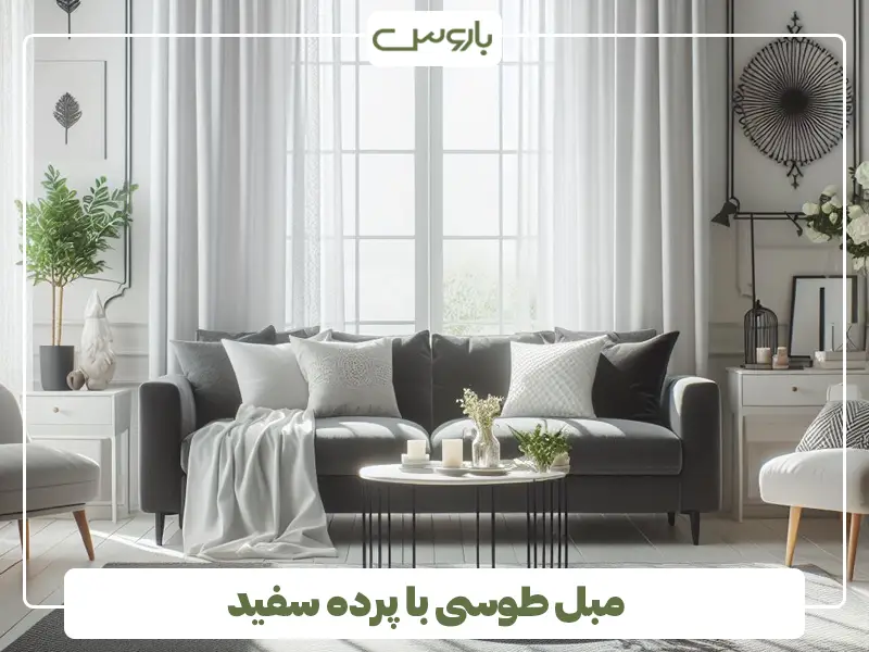 مبل طوسی با پرده سفید