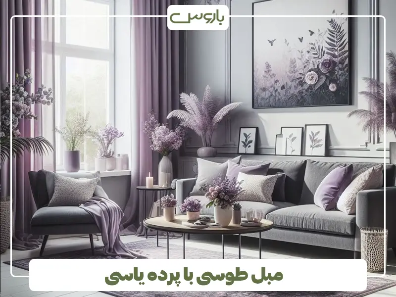 مبل طوسی با پرده یاسی