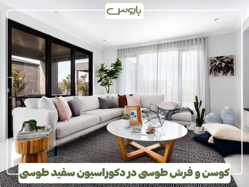 کوسن و فرش طوسی در دکوراسیون سفید طوسی