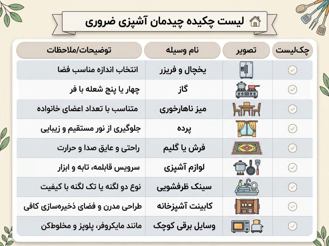 چک لیست وسایل ضروری چیدمان آشپزخانه