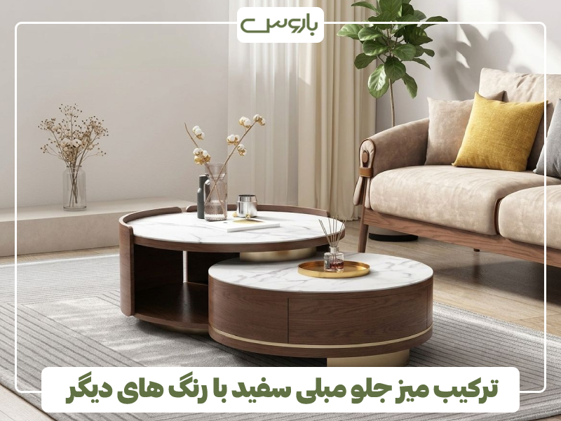 ترکیب میز جلو مبلی سفید با رنگ های دیگر ترکیب میز جلو مبلی سفید با رنگ های دیگر